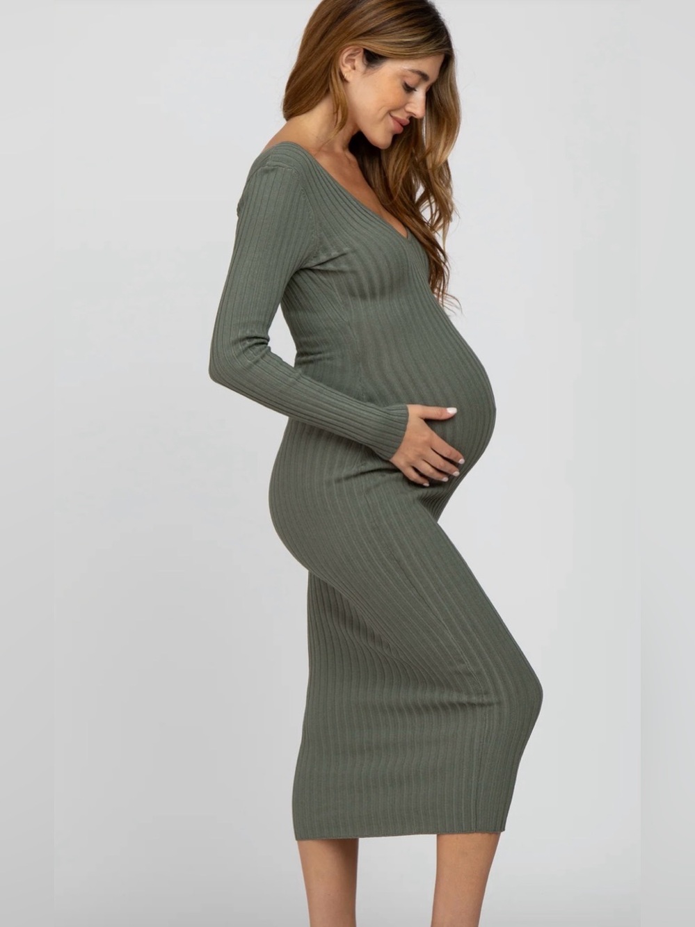 Olive M V-Neck Long Sleeve Fitted Maternity Maxi Dress